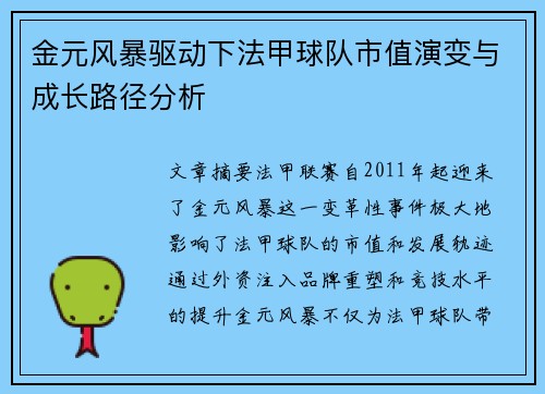 金元风暴驱动下法甲球队市值演变与成长路径分析
