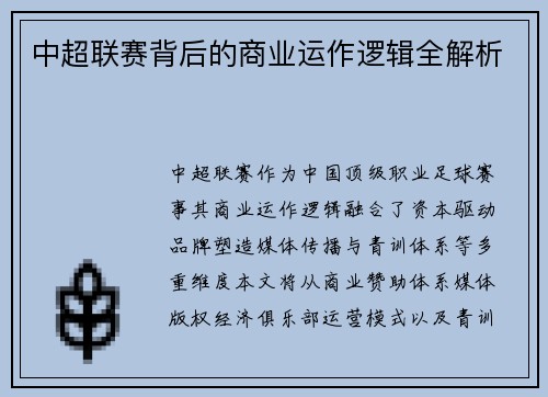 中超联赛背后的商业运作逻辑全解析